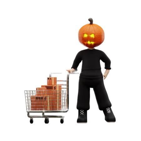 Halloween Junge mit Einkaufswagen  3D Illustration