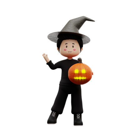 Halloween-Junge mit Kürbis  3D Illustration