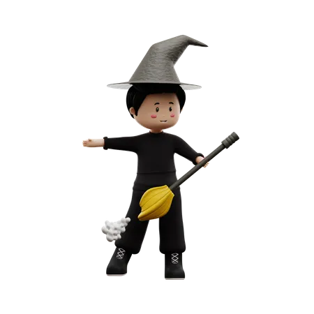 Zauberbesen für Halloweenjungen  3D Illustration