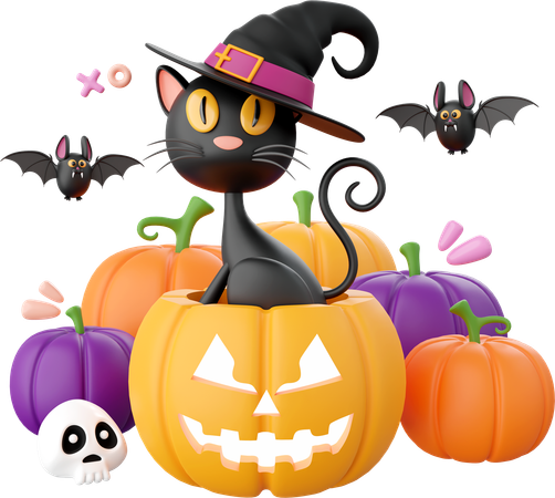 Halloween-Kürbis mit schwarzer Katze  3D Icon