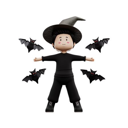 Menino de halloween com morcego  3D Illustration