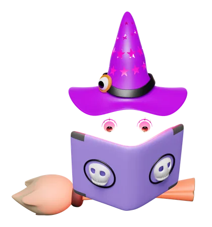 3 D Halloween Day Concept With Flying Witch Hat Wand Magic Book Isolated Holiday Party 3D Icon