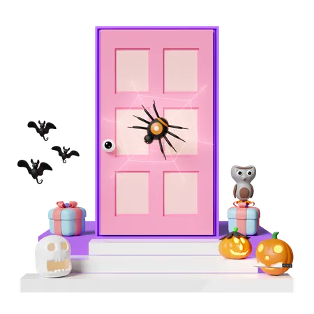 3 D Halloween Holiday Party With Carved Pumpkin Skull Gift Box Placed On The Stairs Spider And Spider Web On Door Bats Cute Owl Isolated 3D Icon