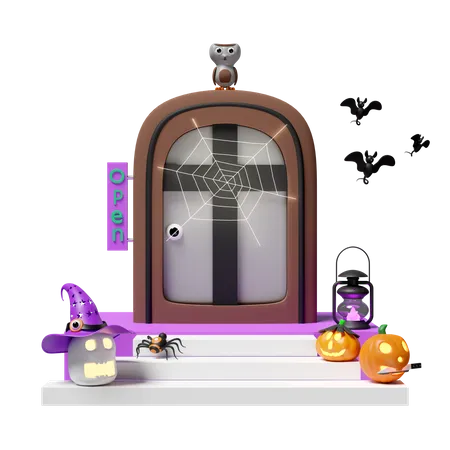 3 D Halloween Holiday Party With Carved Pumpkin Skull Gift Box Placed On The Stairs Spider And Spider Web On Old Door Label Open Bats Cute Owl Storm Lantern Isolated 3D Icon