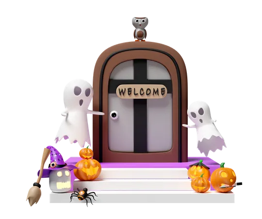 3 D Halloween Holiday Party With Cute Ghost Carved Pumpkin Placed On The Stairs Spider Old Door Label Welcome Owl Witch Hat Wand Isolated 3D Icon