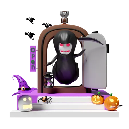 3 D Halloween Holiday Party With Grim Reaper Hand Holding Scythe Storm Lantern Pumpkin Skull Spider Placed On Stairs Old Door Label Open Bats Cute Owl Isolated 3D Icon