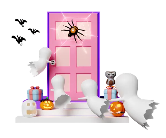 3 D Halloween Holiday Party With Cute Ghost Carved Pumpkin Skull Gift Box Placed On The Stairs Spider And Spider Web On Door Bats Cute Owl Isolated 3D Icon