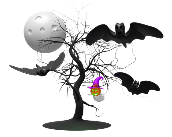 3 D Happy Halloween Party With Full Moon Bats Pumpkin Witch Hat Tree Isolated 3D Icon
