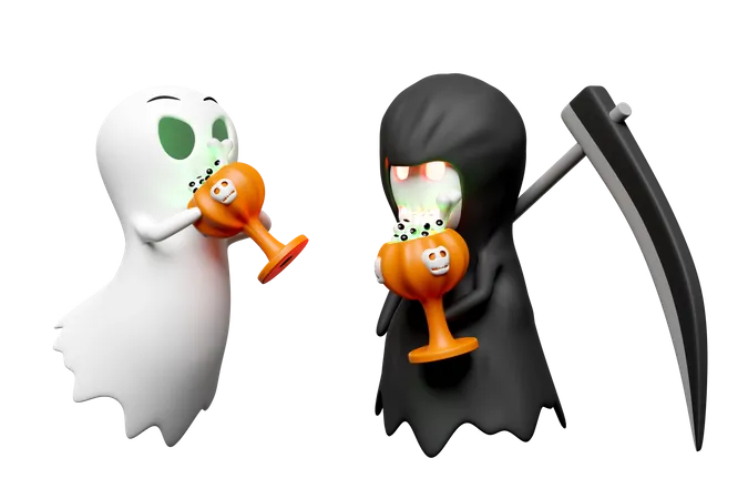 3 D Halloween Holiday Party With Cute Ghost Grim Reaper Hand Holding Scythe Magic Cup Pumpkin Skeleton Skull Eye Isolated 3D Icon