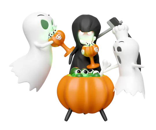 3 D Halloween Holiday Party With Chef Ghost Cute Ghost Grim Reaper Hand Holding Scythe Cauldron Magic Cup Pumpkin Skeleton Skull Eye Isolated 3D Icon