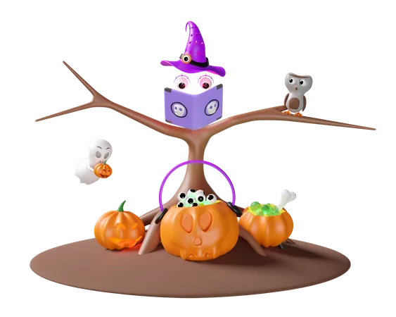 3 D Halloween Day Concept With Flying Witch Hat Magic Book Eye Magic Cauldron Pumpkin Tree Dead Owl Ghost Hand Holding Carved Pumpkin Isolated 3D Icon