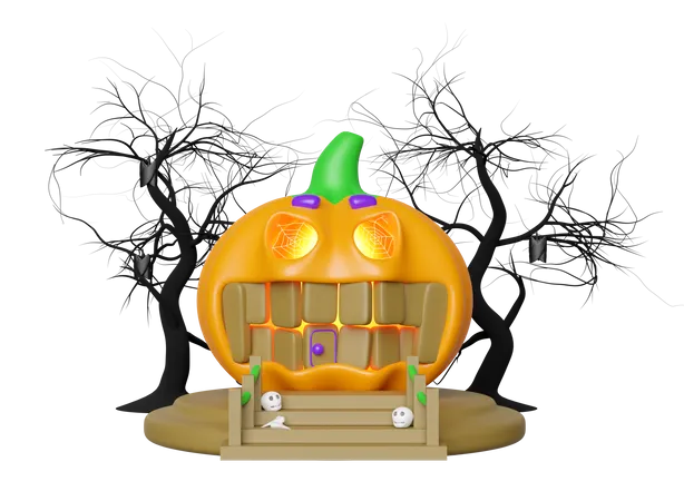3 D Halloween Holiday Party With Pumpkin House Skull On The Stairs Tree Bats Isolated 3 D Render Illustration 3D Icon
