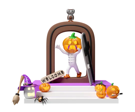 3 D Halloween Holiday Party With Pumpkin Head Man Skull Witch Hat Spider Placed On Stairs Old Door Label Welcome Cute Owl Isolated 3 D Render Illustration 3D Illustration