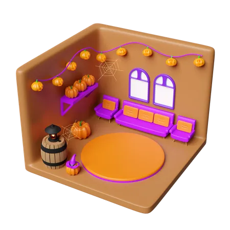 3 D Isometric Room For Halloween Holiday Party With Cylinder Stage Podium Empty Pumpkin Head Party Banner Skull Sofa Wooden Barrel Hat Isolated 3 D Render Illustration 3D Icon