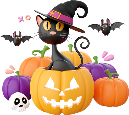 Halloween Pumpkin With Black Cat  3D Icon