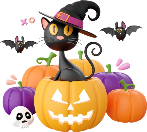 Halloween Pumpkin With Black Cat  3D Icon