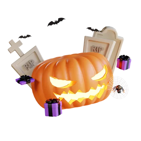 Halloween pumpkin with graveyard  3D Illustration