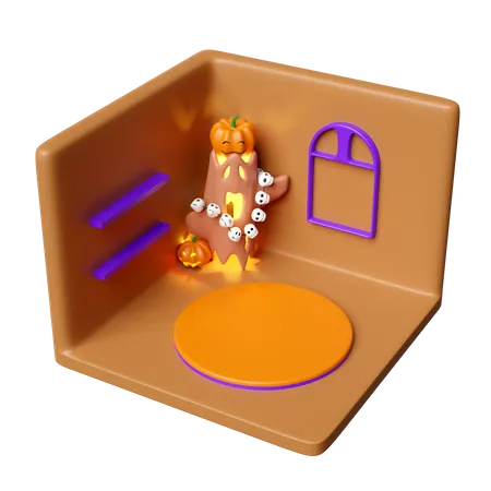 3 D Isometric Room For Halloween Holiday Party With Cylinder Stage Podium Empty Pumpkin Head Tree Timber Skull Necklace Isolated 3 D Render Illustration 3D Icon