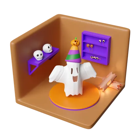 3 D Isometric Room For Halloween Holiday Party With Shelf Tree Timber Skull Cute Ghost Flying Pumpkin Conical Hat Candy Isolated 3 D Render Illustration 3D Icon