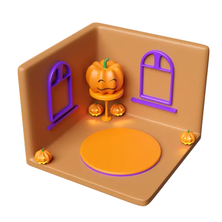 3 D Isometric Room For Halloween Holiday Party With Cylinder Stage Podium Empty Pumpkin Head On Round Table Isolated 3 D Render Illustration 3D Icon