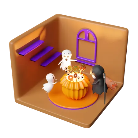3 D Isometric Room For Halloween Holiday Party With Cute Ghost Grim Reaper Hand Holding Scythe Pumpkin Head Snack Basket Isolated 3 D Render Illustration 3D Icon