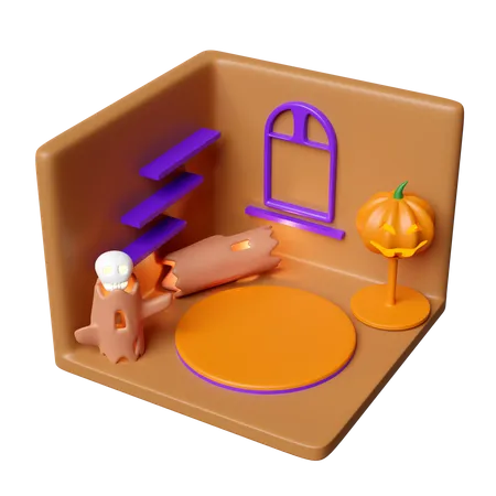 3 D Isometric Room For Halloween Holiday Party With Cylinder Stage Podium Empty Pumpkin Head Tree Timber Skull Isolated 3 D Render Illustration 3D Icon