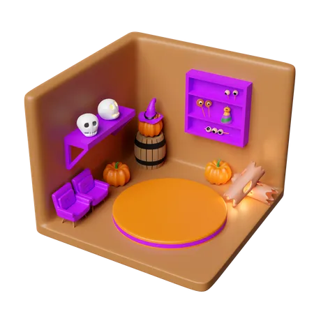 3 D Isometric Room For Halloween Holiday Party With Cylinder Stage Podium Empty Pumpkin Head Tree Timber Skull Sofa Wooden Barrel Isolated 3 D Render Illustration 3D Icon