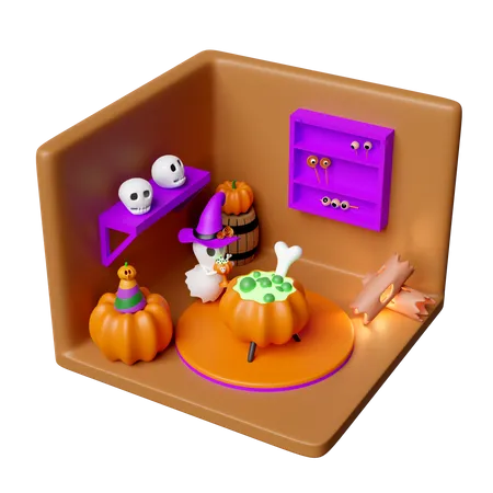 3 D Isometric Room For Halloween Holiday Party With Cute Ghost Hand Holding Magic Cup Cauldron Skeleton Skull Eye Isolated 3 D Render Illustration 3D Icon