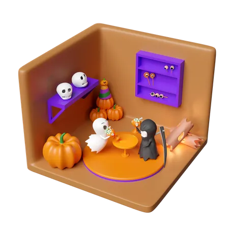 3 D Isometric Room For Halloween Holiday Party With Cute Ghost Grim Reaper Hand Holding Scythe Magic Cup Pumpkin Skeleton Skull Eye Isolated 3 D Render Illustration 3D Icon