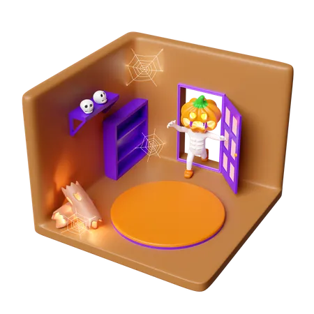 3 D Isometric Room For Halloween Holiday Party With Cylinder Stage Podium Empty Pumpkin Head Man Opens The Door Tree Timber Skull Pider Web Isolated 3 D Render Illustration 3D Icon