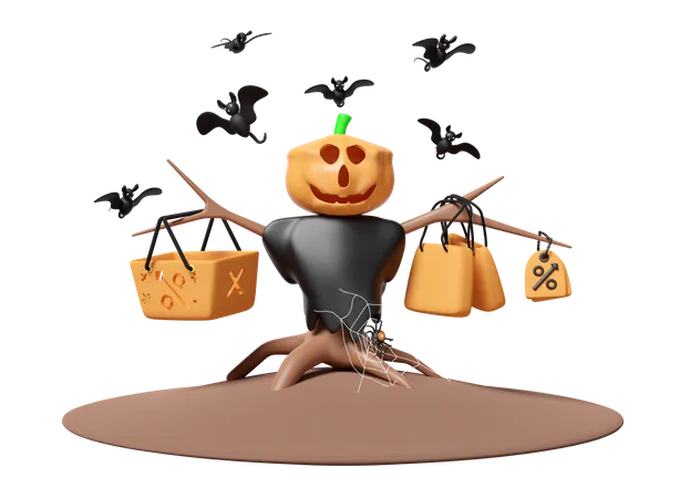 3 D Halloween Scarecrow With Bats Pumpkin Head Basket Price Tags Coupon Shopping Bag Isolated Halloween Day Marketing Promotion Bonuses Concept 3D Icon