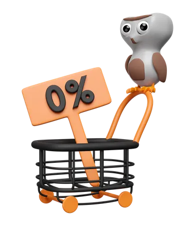 3 D Halloween Day Concept With Cute Owl Perched On Shopping Carts Discount Sign Isolated Holiday Party 3D Icon