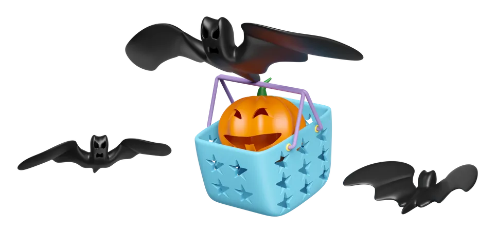 3 D Happy Halloween Party With Bats Pumpkin Head In Shopping Basket Isolated 3D Icon