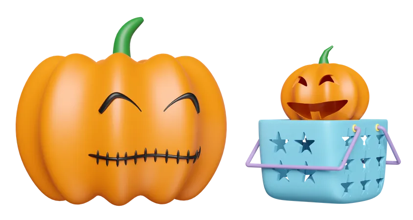 3 D Happy Halloween Party With Pumpkin Head In Shopping Basket Isolated 3D Icon