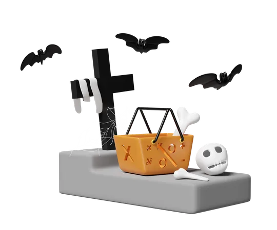 3 D Halloween Shopping Day With Basket Cemetery Skull Bats Isolated 3 D Render Illustration 3D Icon