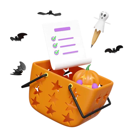 3 D Happy Halloween Party With Pumpkin Head In Shopping Basket Checklist Bat Pencil Cute Ghost Isolated 3 D Render Illustration 3D Icon