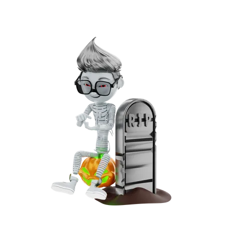 Halloween skeleton sitting besides rip sign 3D Illustration