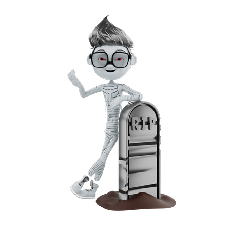 Halloween skeleton standing at RIP sign  3D Illustration