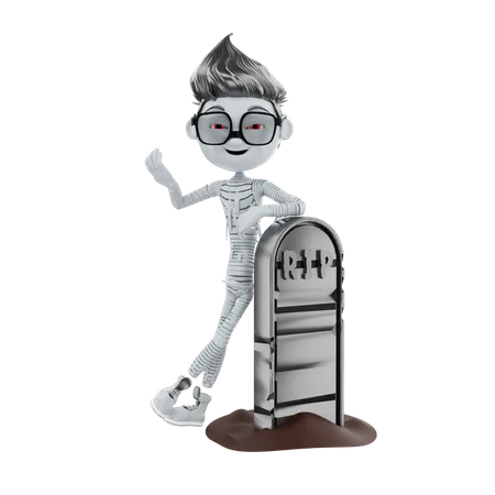 Halloween skeleton standing at RIP sign  3D Illustration