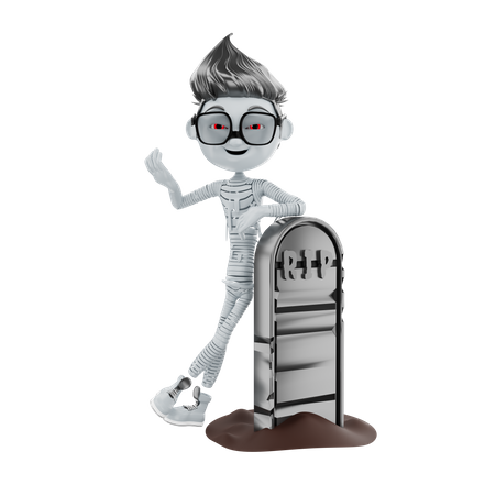 Halloween skeleton standing at RIP sign 3D Illustration