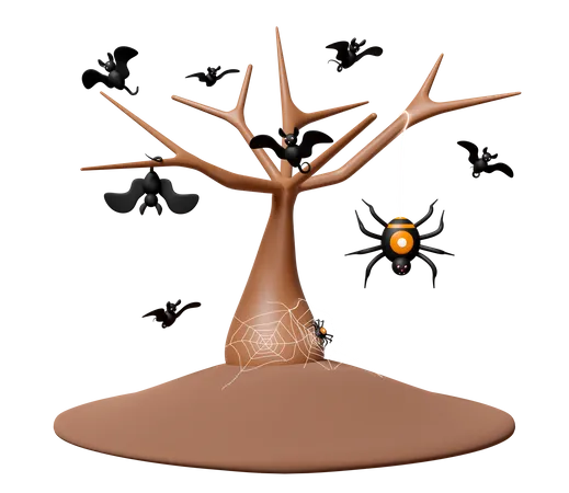 3 D Halloween Holiday Party With Tree Dead Bats Fly And Cling To Branches Spider And Spider Web Isolated 3D Icon