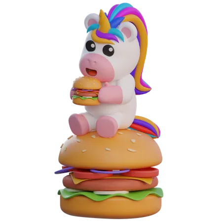 Licorne mangeant un hamburger  3D Illustration