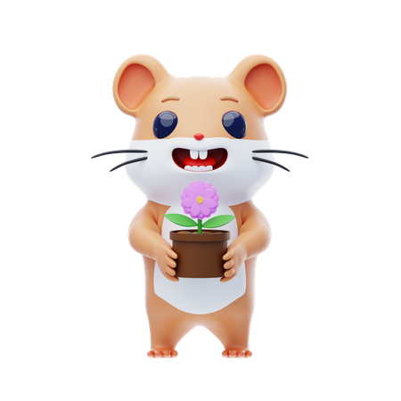Hamster Character Holding A Flower Pot  3D Icon