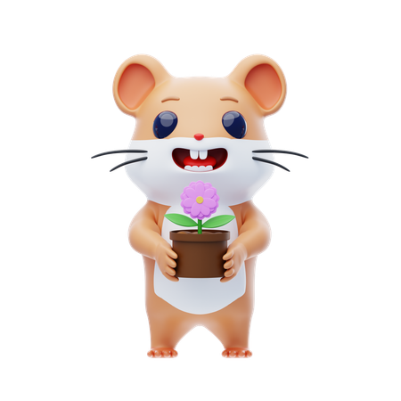 Hamster Character Holding A Flower Pot  3D Illustration
