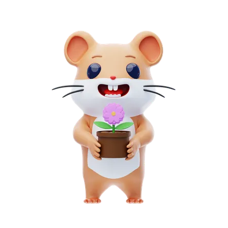 Hamster Character Holding A Flower Pot  3D Illustration