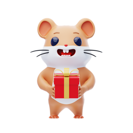 Hamster Character Offers A Box Of Gifts  3D Icon