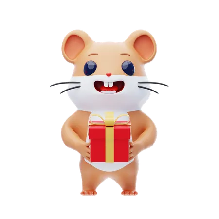 Hamster Character Offers A Box Of Gifts  3D Illustration