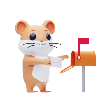Hamster Character Puts Letter Into Mailbox  3D Illustration