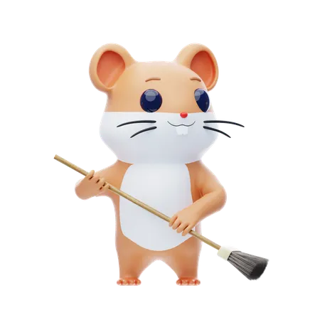 Hamster Character Sweeping The Floor  3D Illustration