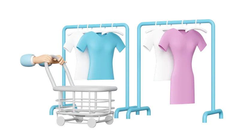 Hand Pushing A Shopping Carts Empty With Coat Rack Shirt Hanger Isolated 3D Icon